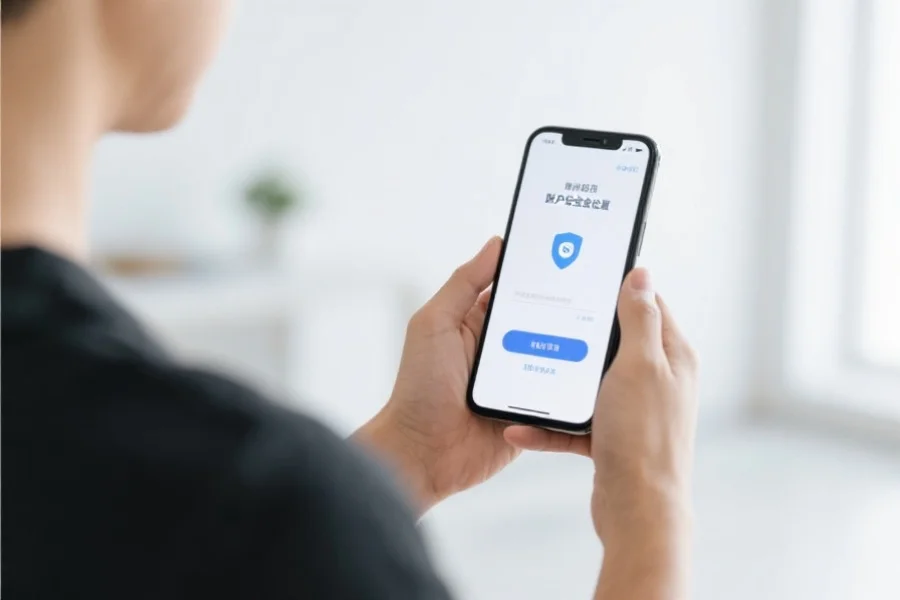 一名用户通过手机接收验证码，背景为简洁明亮的室内环境，突出账户安全设置的氛围