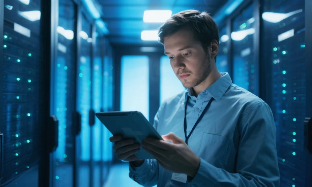 现代化服务器机房，工作人员正在用平板进行安全检测，背景有高科技感的蓝色灯光