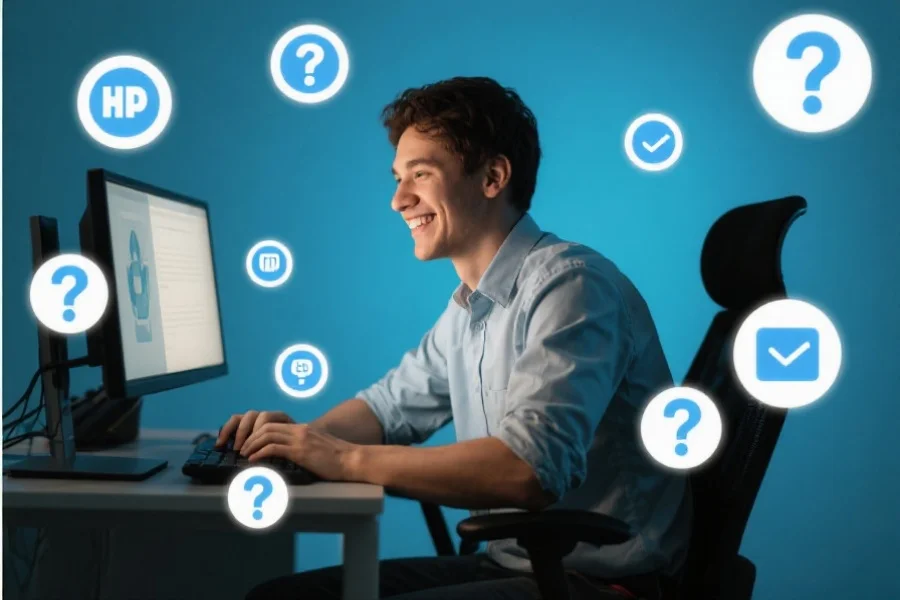 年轻人坐在电脑前，微笑着与在线客服交流，周围有问号和帮助图标
